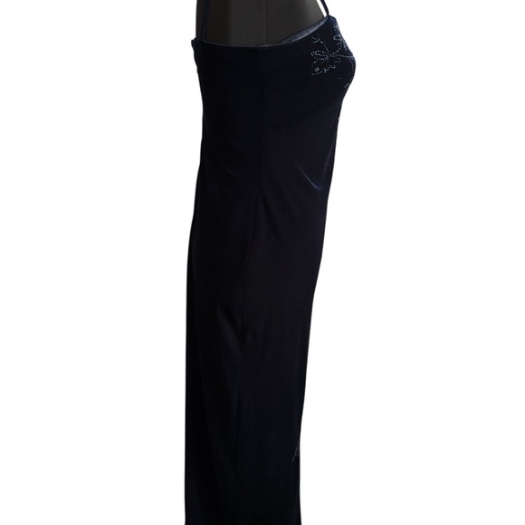 Y2K Velvet Maxi Slip Dress Spaghetti Strap  Beaded Floral Formal Navy Blue 7/8 - Picture 6 of 11